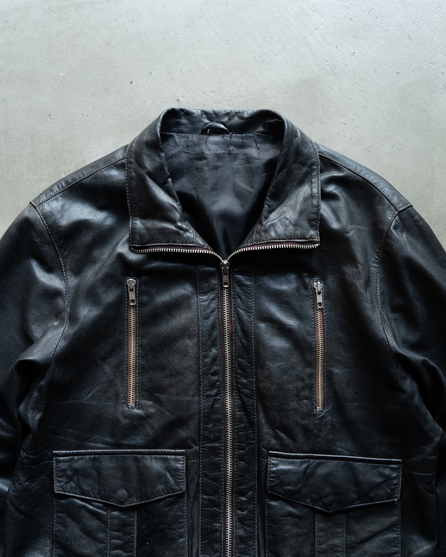 Military modify zip up design leather jacket