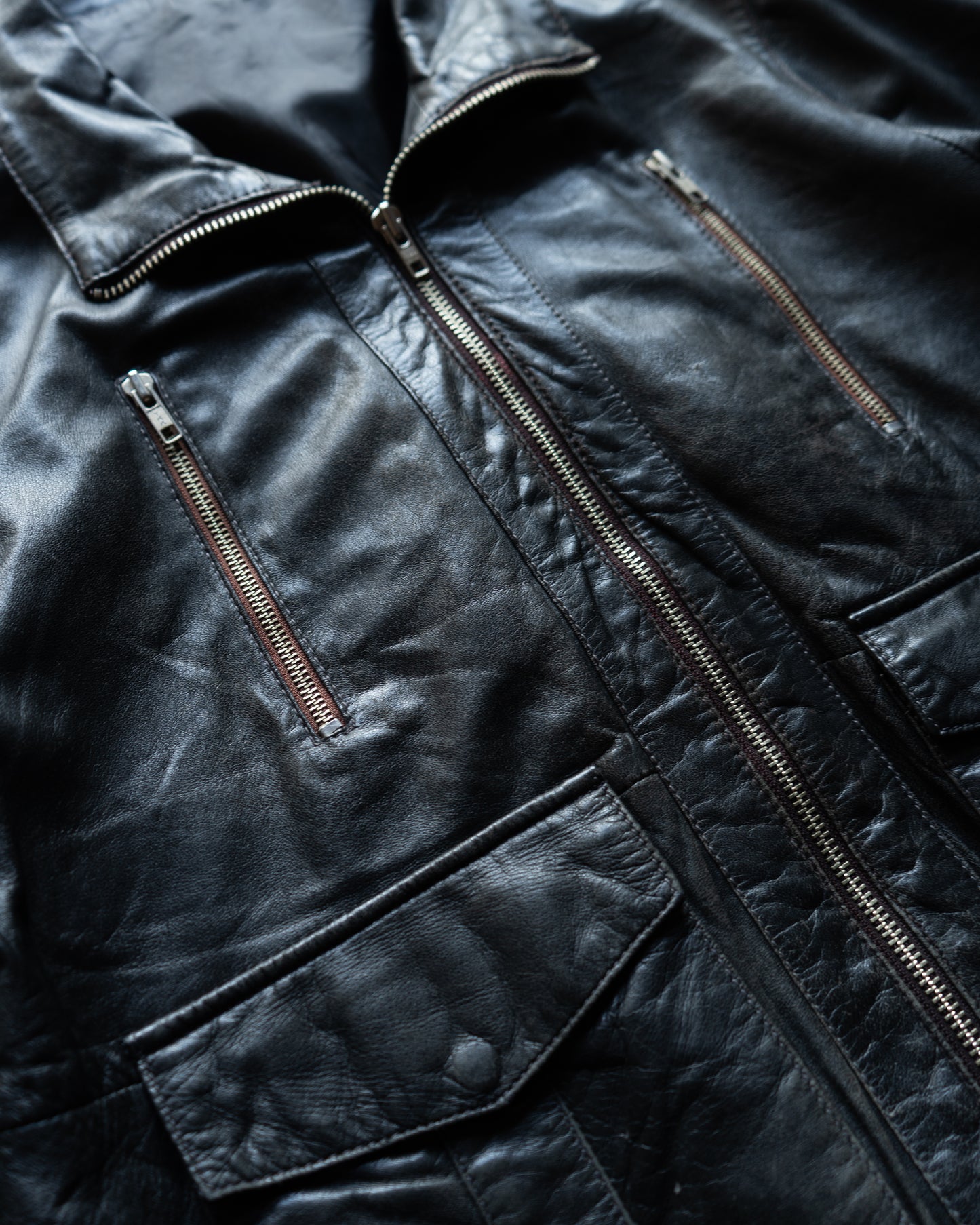 Military modify zip up design leather jacket