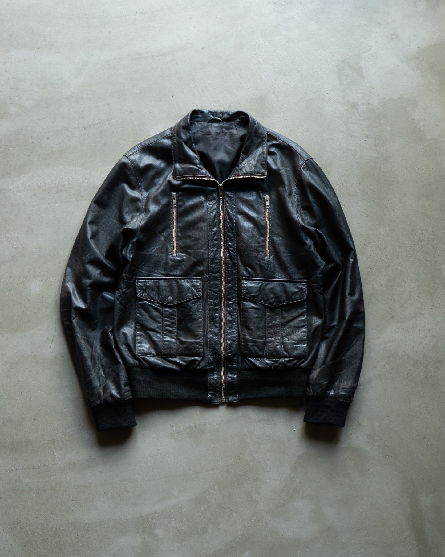 Military modify zip up design leather jacket