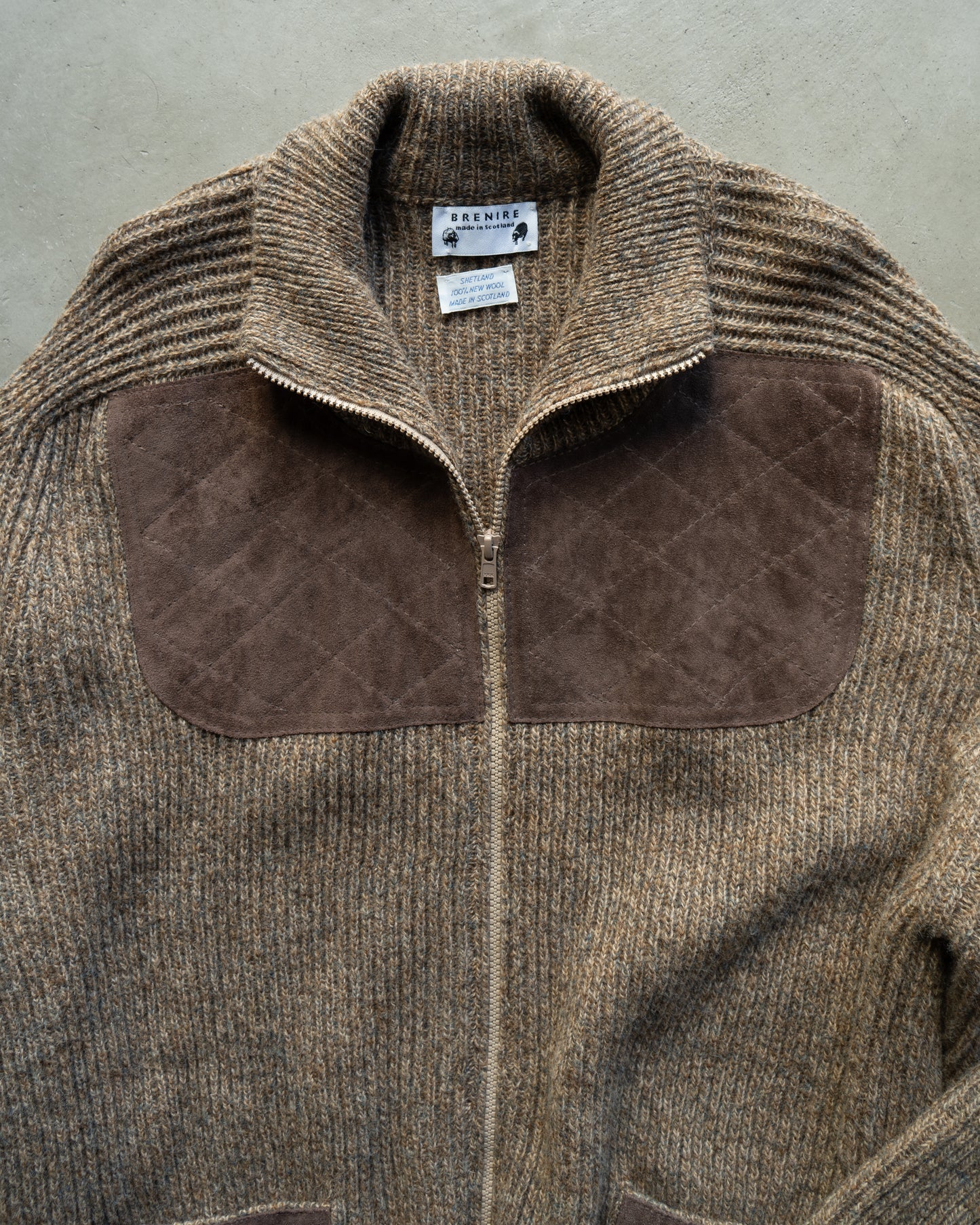 switching leather wool nep knit jacket "made in Scotland"