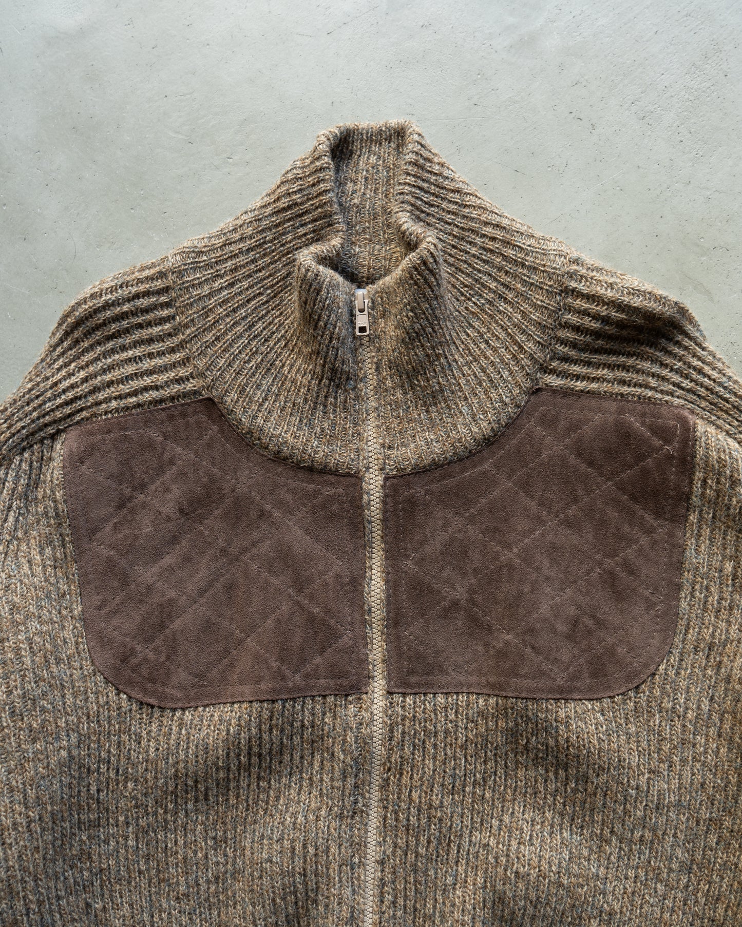 switching leather wool nep knit jacket "made in Scotland"