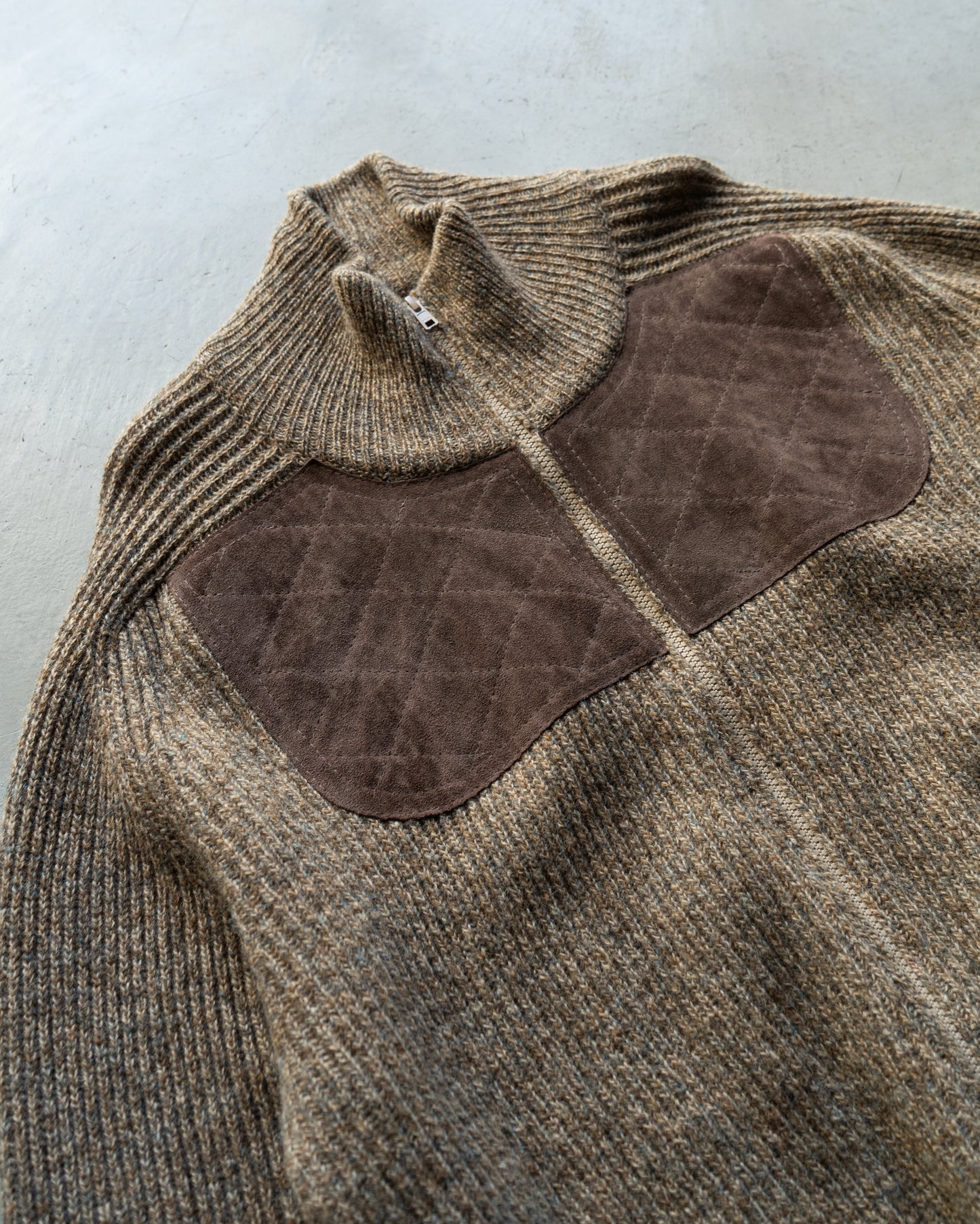 switching leather wool nep knit jacket "made in Scotland"
