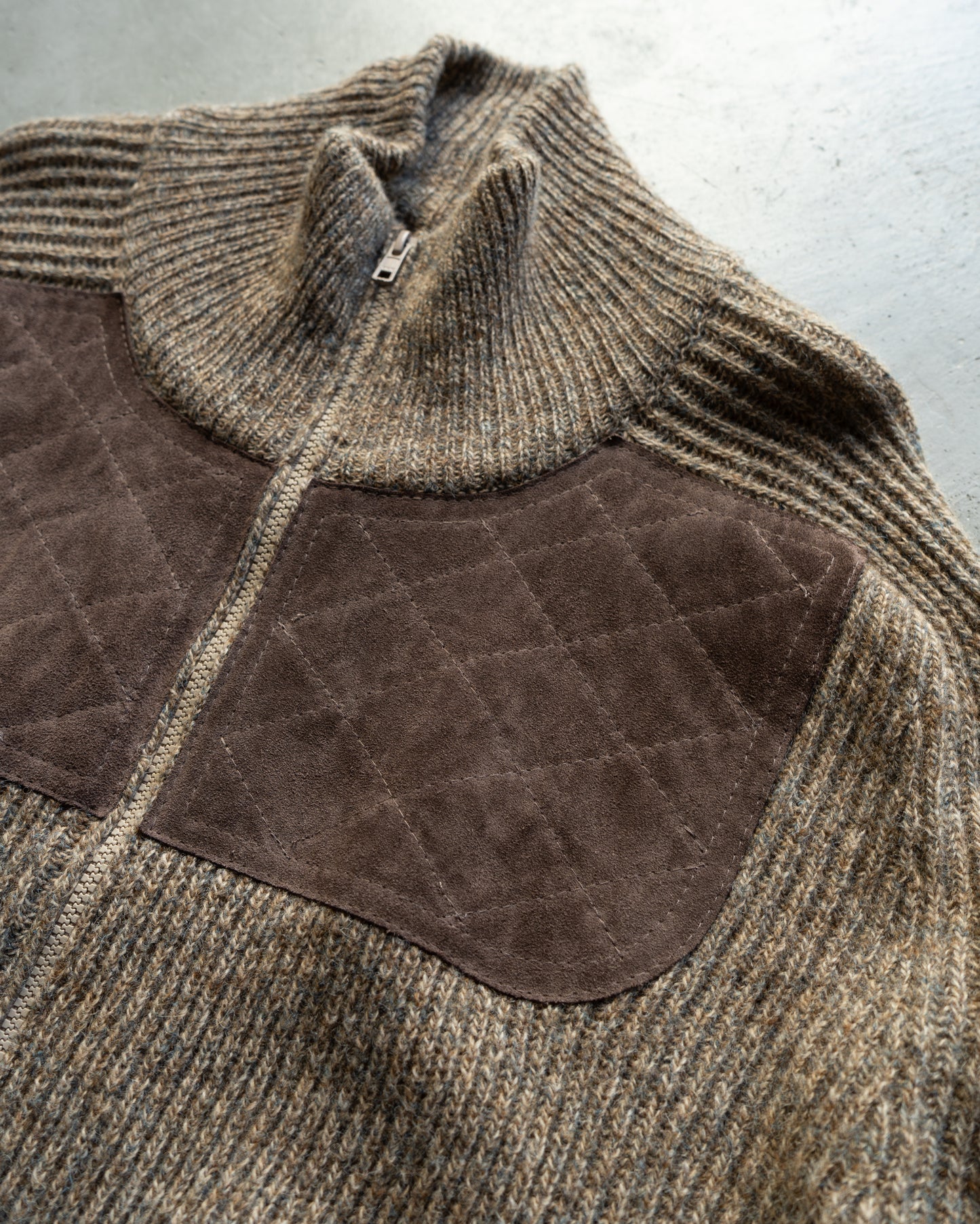 switching leather wool nep knit jacket "made in Scotland"